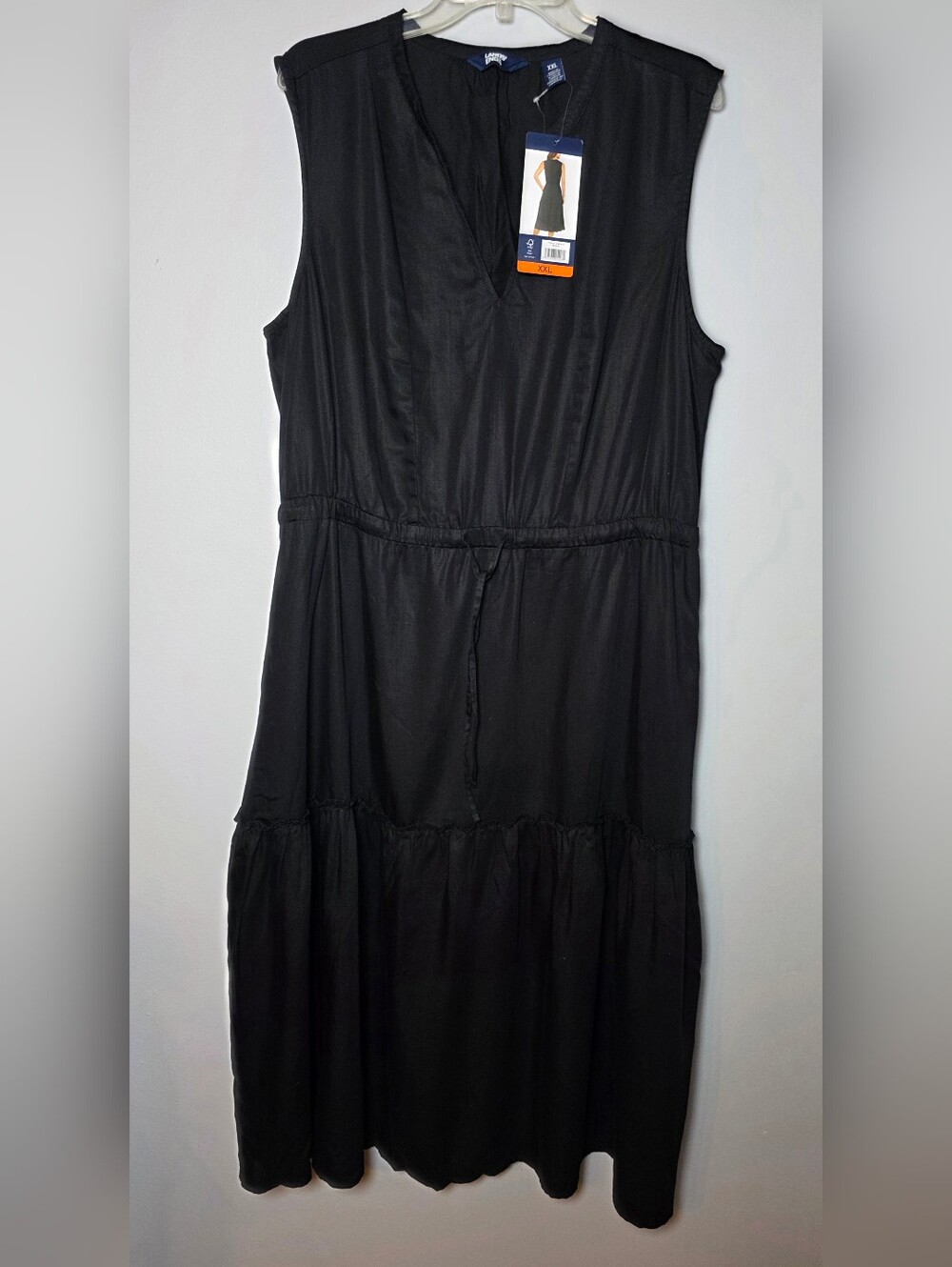 Lands' End Sz XXL Lyocell Sleeveless Midi Dress Black Tiered Drawstring Waist